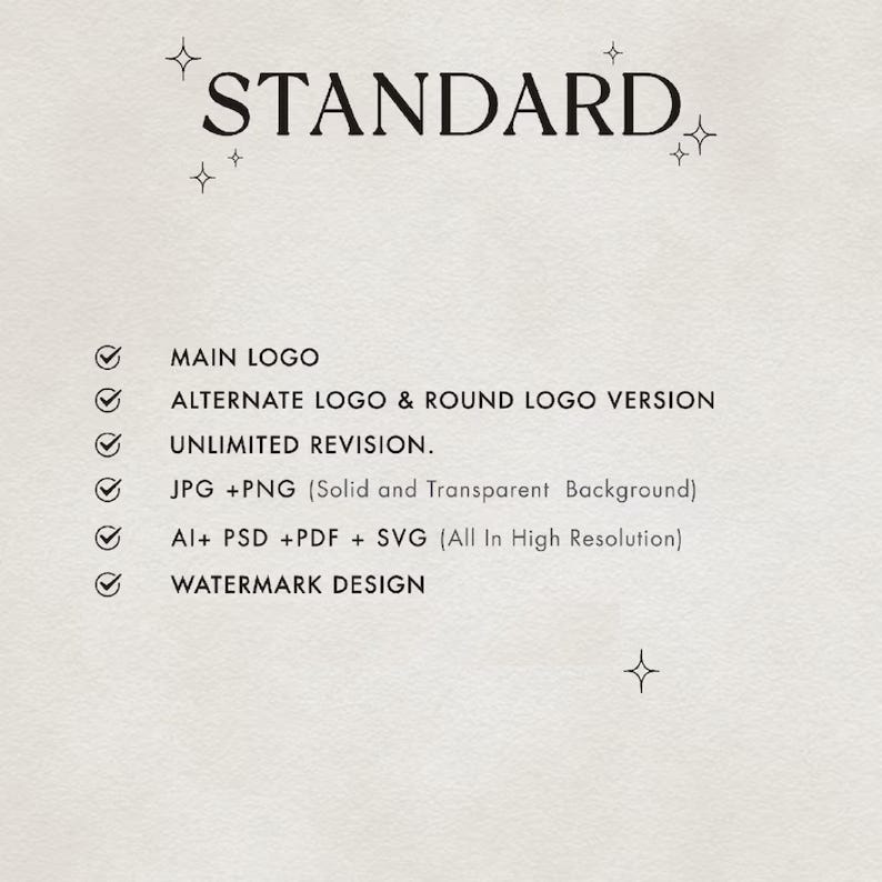 May include: A checklist of services included in a standard logo design package. The checklist includes main logo, alternate logo and round logo version, unlimited revisions, JPG and PNG files, AI, PSD, PDF and SVG files, and watermark design.