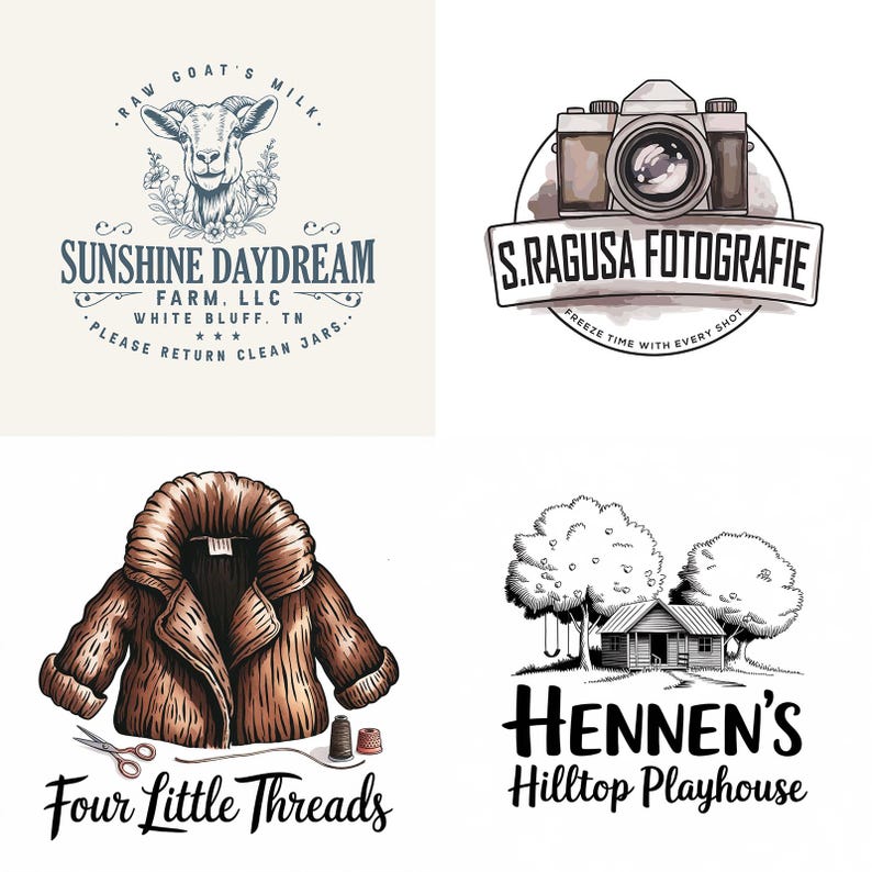 May include: Four logos, each with a different design. The first logo is for a goat farm, the second is for a photographer, the third is for a clothing shop, and the fourth is for a children's playhouse.