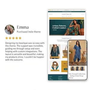 May include: A website design showcasing an e-commerce store with the text "Curated Closet LLC". The website features clothing and accessories. A customer review is also displayed, praising the theme's ease of use and support.