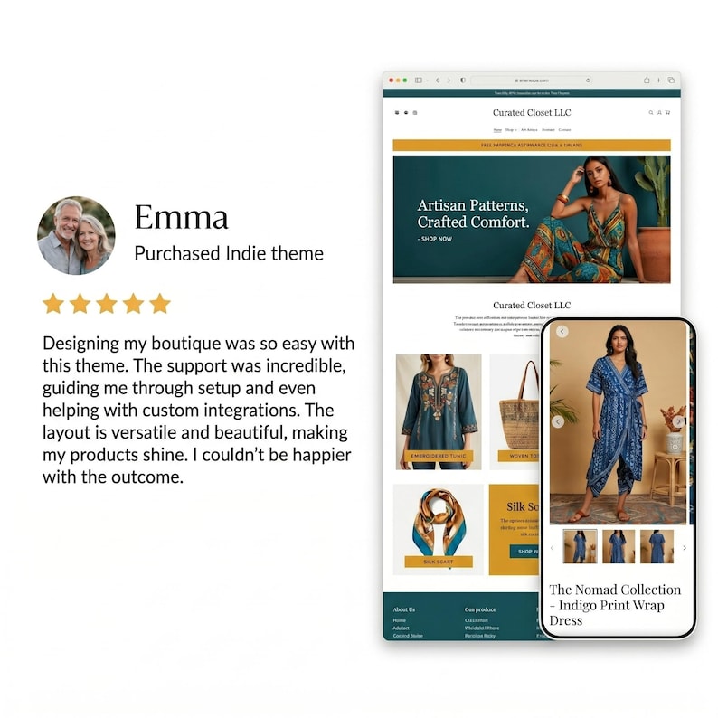 May include: A website design showcasing an e-commerce store with the text "Curated Closet LLC". The website features clothing and accessories. A customer review is also displayed, praising the theme's ease of use and support.