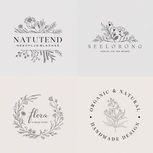 May include: Four different floral logo designs. The first logo says "NATUTEND NEECFLJG BLACHES". The second logo says "SEELORONG CORITS IYG INE BEANE". The third logo says "flora a design studio". The fourth logo says "ORGANIC & NATURAL HANDMADE DESIGN".