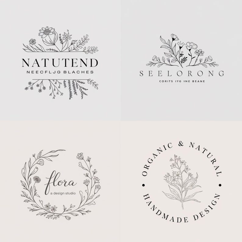 May include: Four different floral logo designs. The first logo says "NATUTEND NEECFLJG BLACHES". The second logo says "SEELORONG CORITS IYG INE BEANE". The third logo says "flora a design studio". The fourth logo says "ORGANIC & NATURAL HANDMADE DESIGN".