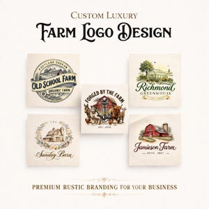 May include: Image of farm logo designs. The logos feature illustrations of barns, greenhouses, and farm animals. Text includes "Custom Luxury," "Farm Logo Design," and "Premium Rustic Branding for Your Business."