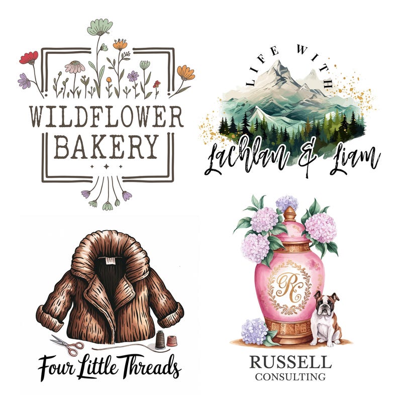 Peut inclure: Quatre logos pour diff&eacute;rentes entreprises. Le premier logo est pour une boulangerie appel&eacute;e "Wildflower Bakery" avec un motif floral. Le deuxi&egrave;me logo est pour une entreprise appel&eacute;e "Lachlan & Liam" avec une cha&icirc;ne de montagnes et le texte "Life with". Le troisi&egrave;me logo est pour une entreprise appel&eacute;e "Four Little Threads" avec une veste en cuir marron et des fournitures de couture. Le quatri&egrave;me logo est pour une entreprise appel&eacute;e "Russell Consulting" avec un vase rose avec des fleurs et un chien.