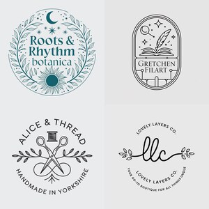 May include: Four different logo designs for small businesses. The first logo is a circular design with a crescent moon, stars, and a wreath of leaves. The text reads "Roots & Rhythm botanica". The second logo is a circular design with a book, a quill pen, and a magnifying glass. The text reads "Gretchen Filart". The third logo is a circular design with a pair of scissors, a spool of thread, and a wreath of leaves. The text reads "Alice & Thread Handmade in Yorkshire". The fourth logo is a circular design with a handwritten "llc" surrounded by leaves. The text reads "Lovely Layers Co. Your go-to boutique for all things unique Lovely Layers Co."