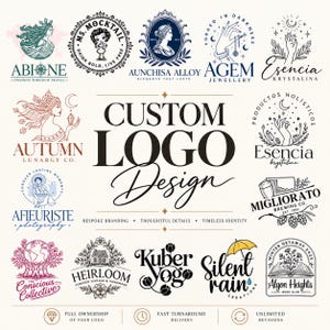 Puede incluir: Una colección de varios diseños de logotipos personalizados que presentan diversas ilustraciones, tipografía y nombres de marca como Abione, Ms. Mocktail, Aunchisa Alloy, Agem Jewellery, Esencia Krystalina, Autumn Lunargy Co, Afieuriste, Migliorato, The Conscious Collective, Heirloom, Kuber Yoga, Silent Rain y Algon Heights.