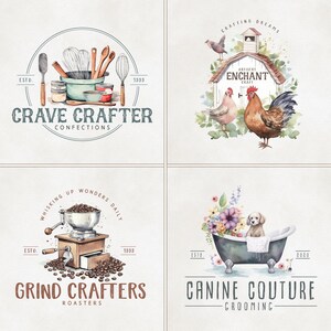 May include: Four watercolor illustrations of logos for different businesses. The first logo is for a bakery called "Crave Crafter Confections" and features a bowl of mixing utensils. The second logo is for a business called "Artistry Enchant Craft" and features a rooster and a hen in front of a white barn. The third logo is for a coffee roaster called "Grind Crafters Roasters" and features a coffee grinder with coffee beans. The fourth logo is for a dog grooming business called "Canine Couture Grooming" and features a dog sitting in a bathtub with flowers.