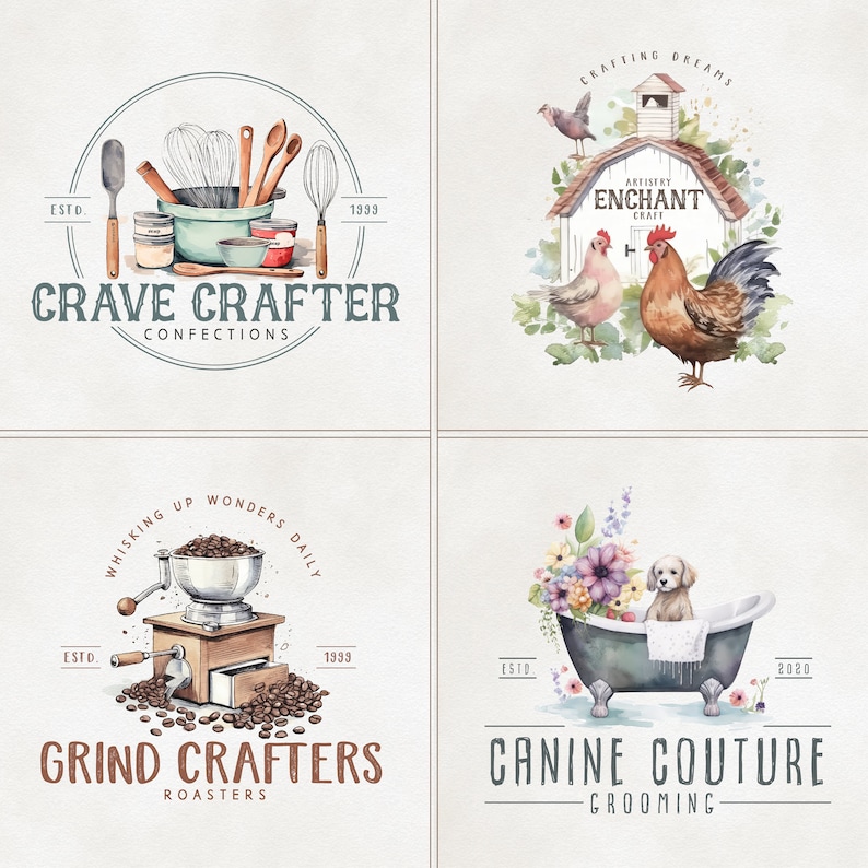 May include: Four watercolor illustrations of logos for different businesses. The first logo is for a bakery called "Crave Crafter Confections" and features a bowl of mixing utensils. The second logo is for a business called "Artistry Enchant Craft" and features a rooster and a hen in front of a white barn. The third logo is for a coffee roaster called "Grind Crafters Roasters" and features a coffee grinder with coffee beans. The fourth logo is for a dog grooming business called "Canine Couture Grooming" and features a dog sitting in a bathtub with flowers.