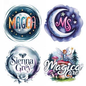 Peut inclure: Quatre illustrations &agrave; l'aquarelle de logos. Le premier logo est une lune bleue et dor&eacute;e avec des &eacute;toiles et le mot "Magica" en couleurs arc-en-ciel. Le deuxi&egrave;me logo est une lune croissante bleue et violette avec des &eacute;toiles et les lettres "MS" en rose. Le troisi&egrave;me logo est un cercle bleu et gris avec un diamant et les mots "Sienna Grey". Le quatri&egrave;me logo est un champignon vert, violet et rose avec une f&eacute;e assise dessus et les mots "Magica Care" en rose et violet.