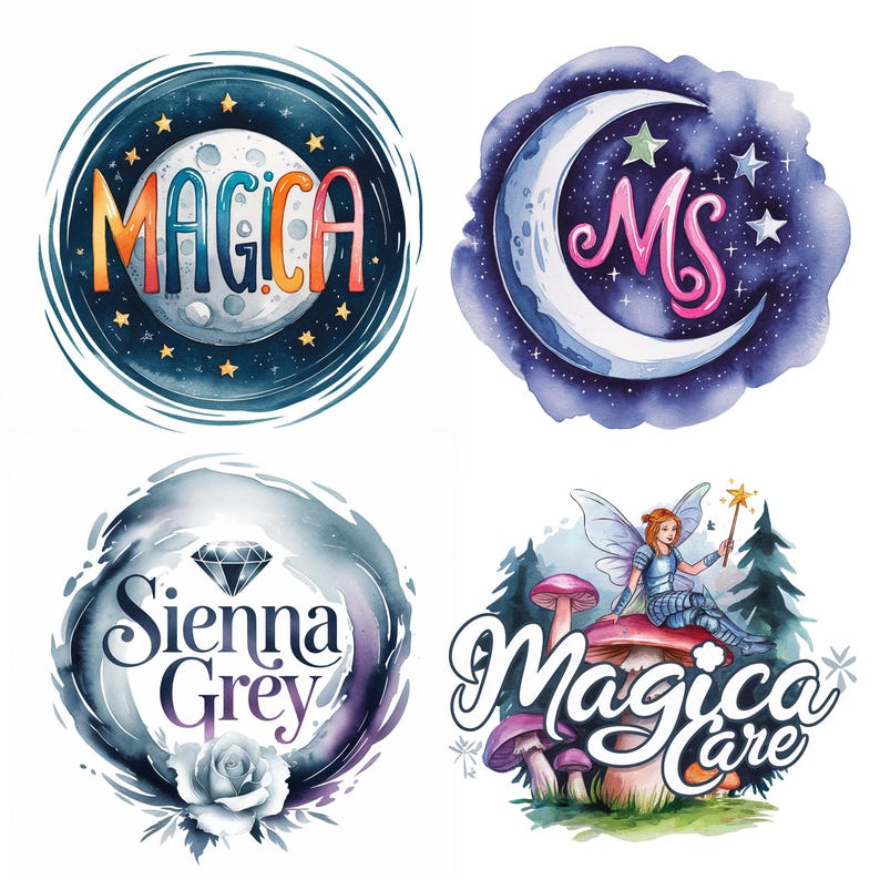 Peut inclure: Quatre illustrations &agrave; l'aquarelle de logos. Le premier logo est une lune bleue et dor&eacute;e avec des &eacute;toiles et le mot "Magica" en couleurs arc-en-ciel. Le deuxi&egrave;me logo est une lune croissante bleue et violette avec des &eacute;toiles et les lettres "MS" en rose. Le troisi&egrave;me logo est un cercle bleu et gris avec un diamant et les mots "Sienna Grey". Le quatri&egrave;me logo est un champignon vert, violet et rose avec une f&eacute;e assise dessus et les mots "Magica Care" en rose et violet.