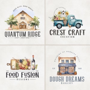 May include: Four watercolor illustrations of logos for small businesses. The top left logo is for a craft business called "Quantum Ridge" and features a barn with a pig and sheep. The top right logo is for a business called "Crest Craft" and features a blue pickup truck with flowers and a rooster. The bottom left logo is for a food business called "Food Fusion" and features a wooden cutting board with cheese, grapes, and a bottle of wine. The bottom right logo is for a bakery called "Dough Dreams" and features a storefront with a blue awning and a sign that says "Whisk Up Wonders Daily".
