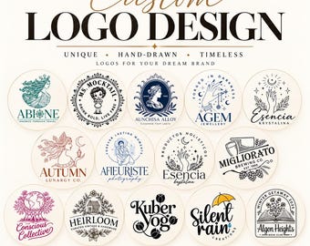 May include: A collection of fourteen circular custom logo designs arranged in three rows. The text Custom Logo Design appears at the top, followed by various brand names and illustrations including figures, hands, plants, and text.