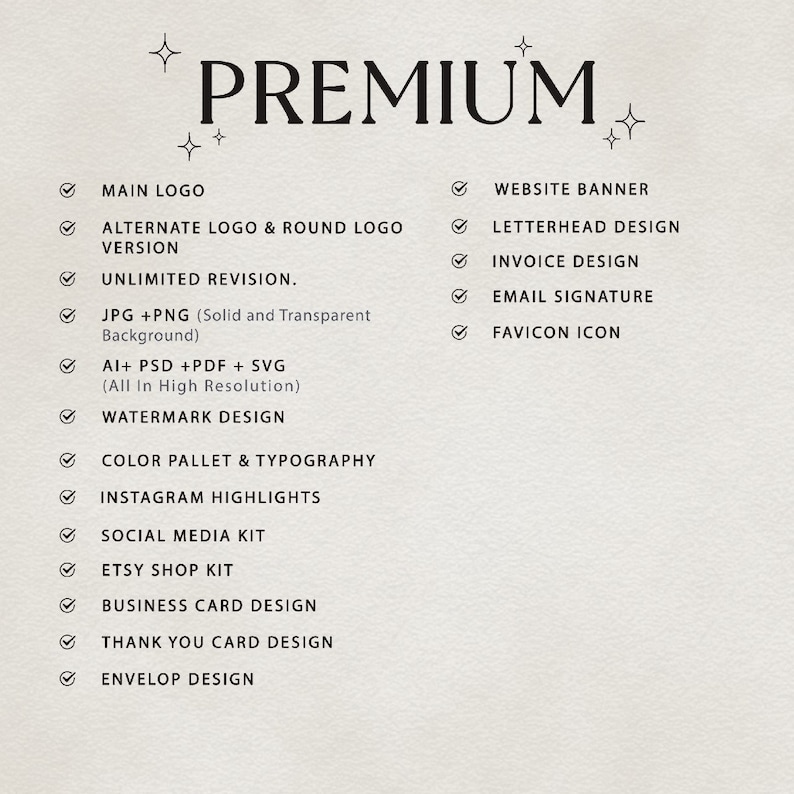 May include: A checklist of design services offered in a premium package. The services include logo design, website banner, letterhead, invoice, email signature, favicon, watermark, color palette, typography, social media kit, Etsy shop kit, business card, thank you card, and envelope design.