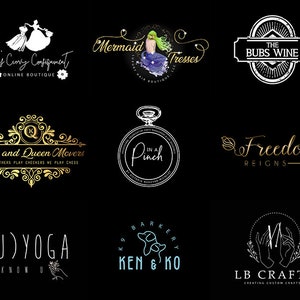 Puede incluir: Una colecci&oacute;n de nueve logotipos sobre un fondo negro. Los logotipos presentan varios dise&ntilde;os, incluyendo una sirena, una etiqueta de vino, una boutique, un tema de ajedrez, un estudio de yoga, una tienda de mascotas y un negocio de artesan&iacute;a. Cada logotipo tiene tipograf&iacute;a e im&aacute;genes &uacute;nicas.