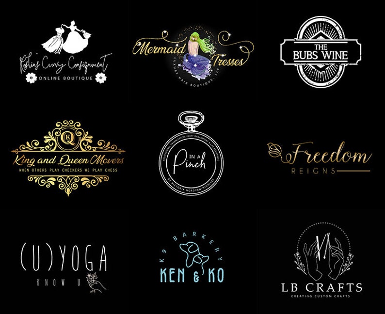 Puede incluir: Una colecci&oacute;n de nueve logotipos sobre un fondo negro. Los logotipos presentan varios dise&ntilde;os, incluyendo una sirena, una etiqueta de vino, una boutique, un tema de ajedrez, un estudio de yoga, una tienda de mascotas y un negocio de artesan&iacute;a. Cada logotipo tiene tipograf&iacute;a e im&aacute;genes &uacute;nicas.