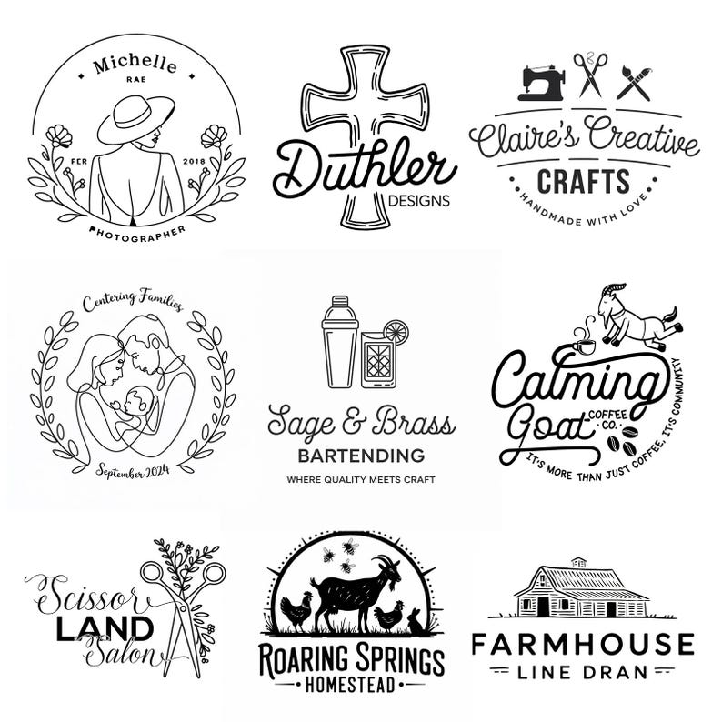 May include: A collection of nine black and white logo designs for various businesses. The logos feature illustrations of a woman, a cross, a sewing machine and scissors, a family, a cocktail shaker, a goat, a pair of scissors, a goat with chickens, and a farmhouse.