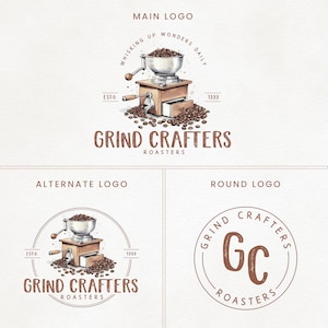 May include: A watercolor illustration of a coffee grinder with coffee beans, surrounded by a circle with the text "Whisking Up Wonders Daily" and "Grind Crafters Roasters".