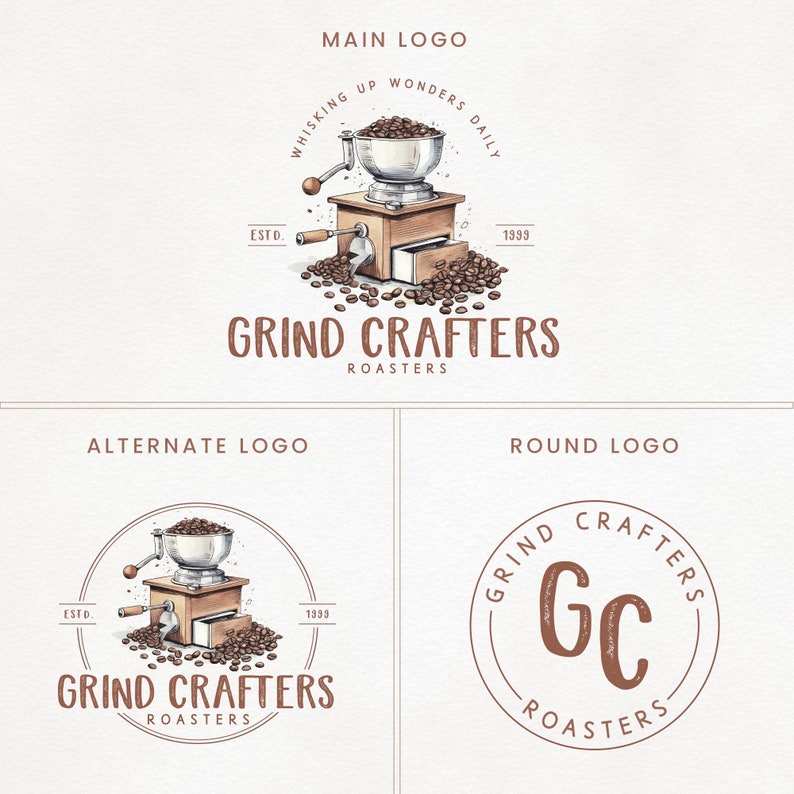 May include: A watercolor illustration of a coffee grinder with coffee beans, surrounded by a circle with the text "Whisking Up Wonders Daily" and "Grind Crafters Roasters".