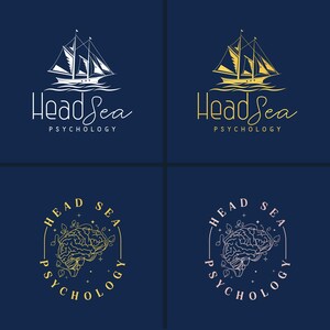 Puede incluir: Cuatro variaciones de un dise&ntilde;o de logotipo para "Head Sea Psychology" sobre un fondo azul marino. Los dise&ntilde;os presentan un velero y un cerebro, con texto en blanco y dorado. Los dise&ntilde;os de veleros tienen un barco blanco o dorado. Los dise&ntilde;os de cerebro est&aacute;n en un c&iacute;rculo.