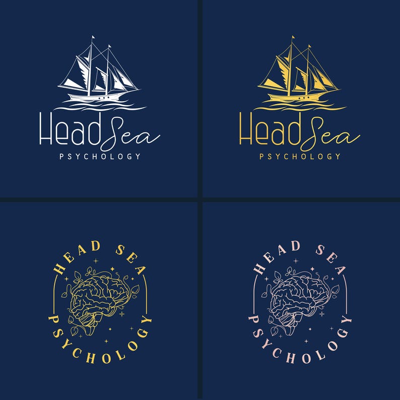 Puede incluir: Cuatro variaciones de un dise&ntilde;o de logotipo para "Head Sea Psychology" sobre un fondo azul marino. Los dise&ntilde;os presentan un velero y un cerebro, con texto en blanco y dorado. Los dise&ntilde;os de veleros tienen un barco blanco o dorado. Los dise&ntilde;os de cerebro est&aacute;n en un c&iacute;rculo.