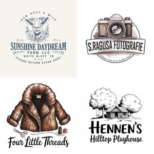 May include: Four logos, each with a different design. The first logo is for a goat farm, the second is for a photographer, the third is for a clothing shop, and the fourth is for a children's playhouse.