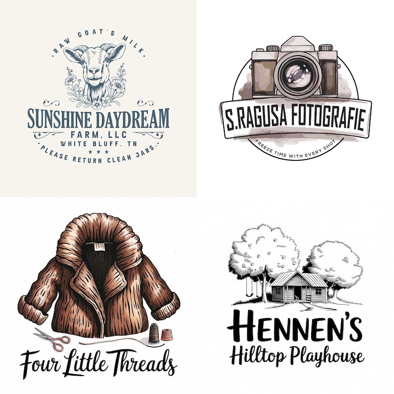 May include: Four logos, each with a different design. The first logo is for a goat farm, the second is for a photographer, the third is for a clothing shop, and the fourth is for a children's playhouse.