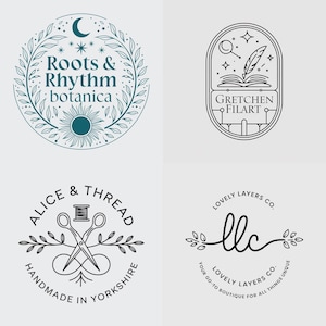 May include: Four different logo designs for small businesses. The first logo is a circular design with a crescent moon, stars, and a wreath of leaves. The text reads "Roots & Rhythm botanica". The second logo is a circular design with a book, a quill pen, and a magnifying glass. The text reads "Gretchen Filart". The third logo is a circular design with a pair of scissors, a spool of thread, and a wreath of leaves. The text reads "Alice & Thread Handmade in Yorkshire". The fourth logo is a circular design with a handwritten "llc" with leaves on either side. The text reads "Lovely Layers Co. Your go-to boutique for all things unique Lovely Layers Co."