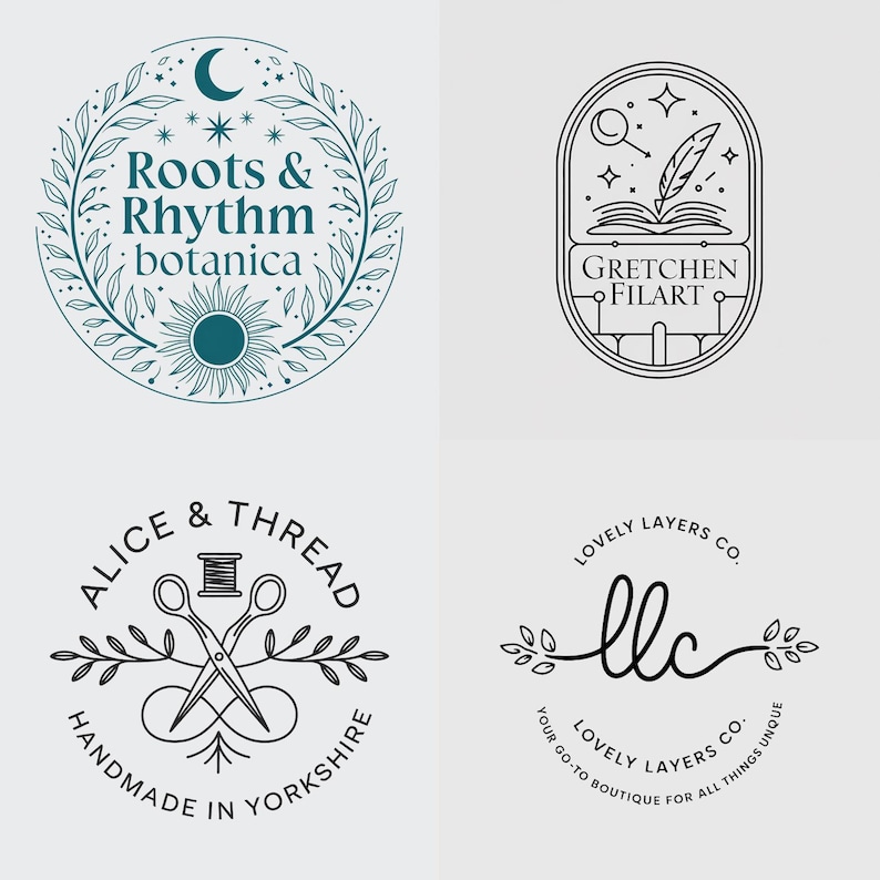 May include: Four different logo designs for small businesses. The first logo is a circular design with a crescent moon, stars, and a wreath of leaves. The text reads "Roots & Rhythm botanica". The second logo is a circular design with a book, a quill pen, and a magnifying glass. The text reads "Gretchen Filart". The third logo is a circular design with a pair of scissors, a spool of thread, and a wreath of leaves. The text reads "Alice & Thread Handmade in Yorkshire". The fourth logo is a circular design with a handwritten "llc" with leaves on either side. The text reads "Lovely Layers Co. Your go-to boutique for all things unique Lovely Layers Co."