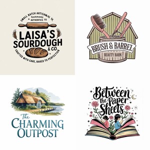 May include: Four different logo designs. The first logo is for a bakery called "Laisa's Sourdough & Co." and features a rolling pin and a loaf of bread. The second logo is for a beauty salon called "Brush & Barrel Beauty Barn" and features a wooden barrel with hair brushes and a curling iron. The third logo is for a business called "The Charming Outpost" and features a cottage with a thatched roof. The fourth logo is for a business called "Between the Paper Sheets" and features an open book with two people reading inside.