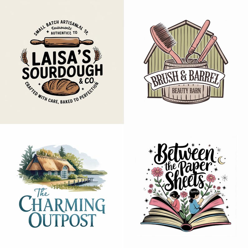 May include: Four different logo designs. The first logo is for a bakery called "Laisa's Sourdough & Co." and features a rolling pin and a loaf of bread. The second logo is for a beauty salon called "Brush & Barrel Beauty Barn" and features a wooden barrel with hair brushes and a curling iron. The third logo is for a business called "The Charming Outpost" and features a cottage with a thatched roof. The fourth logo is for a business called "Between the Paper Sheets" and features an open book with two people reading inside.