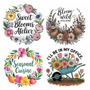 Peut inclure: Quatre couronnes de fleurs avec des superpositions de texte diff&eacute;rentes. La premi&egrave;re couronne est rose, blanche et jaune avec le texte "Sweet Blooms Atelier". La deuxi&egrave;me couronne est marron et jaune avec le texte "Bloom wild IN FULL BLOOM". La troisi&egrave;me couronne est rose, jaune et orange avec le texte "Seasonal Cuisine". La quatri&egrave;me couronne est bleue, jaune et rose avec le texte "I'LL BE IN MY OFFICE."