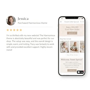 May include: A smartphone displays a website for Sweet Little Sprout, offering baby and toddler clothing and accessories. The screen shows a welcome message, new arrivals, and a 20% off promotion. A customer review is also visible.