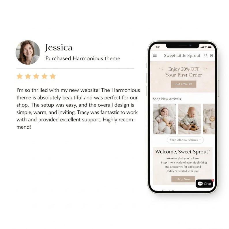 May include: A smartphone displays a website for Sweet Little Sprout, offering baby and toddler clothing and accessories. The screen shows a welcome message, new arrivals, and a 20% off promotion. A customer review is also visible.
