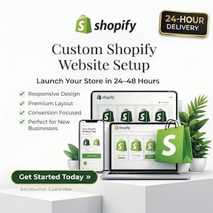 Op de afbeelding: Promotieafbeelding voor Shopify website-installatieservices. De afbeelding toont een laptop, tablet en smartphone met Shopify-interfaces, en een groene boodschappentas. Tekst bevat "Custom Shopify Website Setup" en "Launch Your Store in 24-48 Hours."
