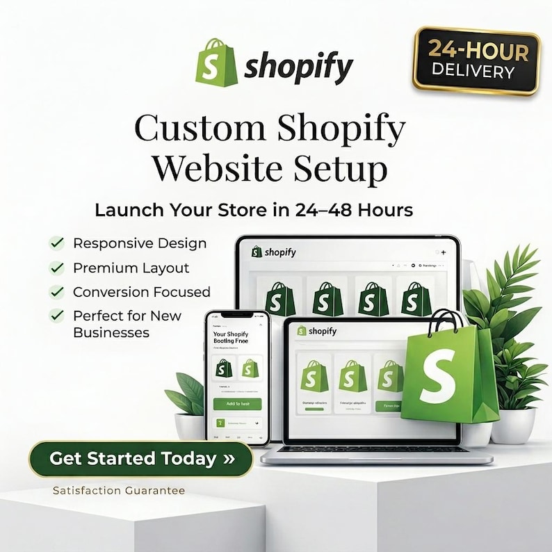 May include: A promotional image for Shopify website setup services. The image features a laptop, tablet, and smartphone displaying Shopify interfaces, along with a green shopping bag. Text includes "Custom Shopify Website Setup" and "Launch Your Store in 24-48 Hours."