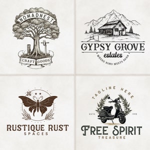 May include: Four vintage-inspired logo designs. The first logo features a hand-drawn tree with the text "NOMADNEST CRAFT GOODS". The second logo features a hand-drawn mountain scene with a cabin and the text "GYPSY GROVE estates WHERE BOHO MEETS BARN". The third logo features a hand-drawn butterfly with the text "RUSTIQUE RUST SPACES". The fourth logo features a hand-drawn scooter with the text "TAGLINE HERE ESTO. 1998 FREE SPIRIT TREASURE".