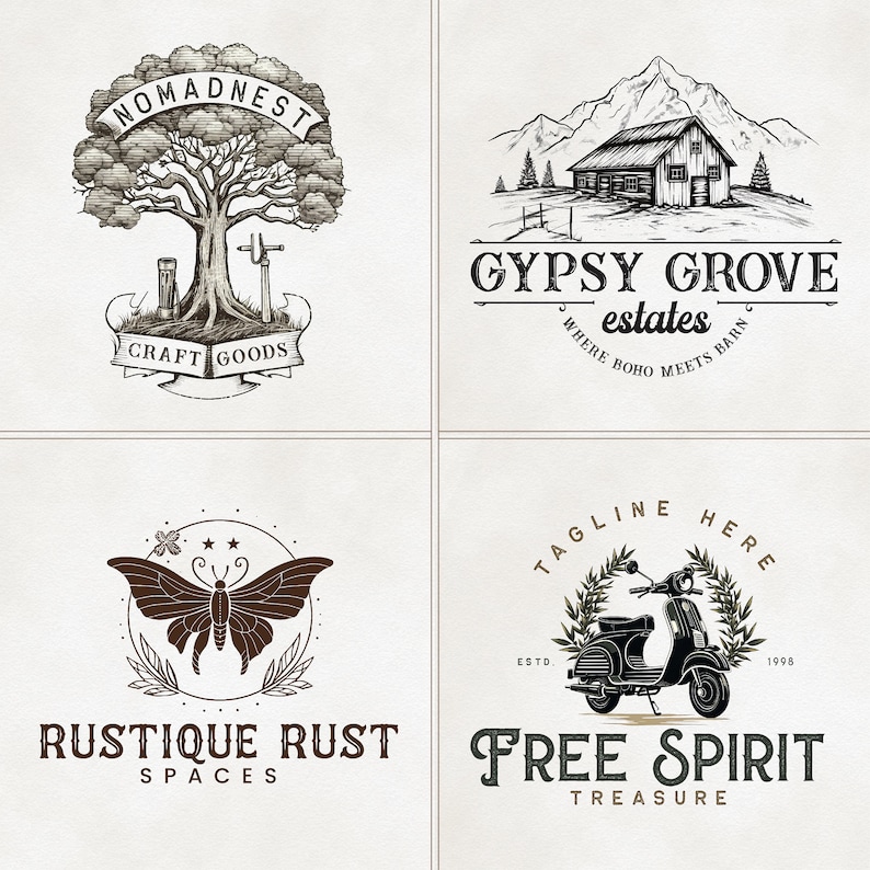 May include: Four vintage-inspired logo designs. The first logo features a hand-drawn tree with the text "NOMADNEST CRAFT GOODS". The second logo features a hand-drawn mountain scene with a cabin and the text "GYPSY GROVE estates WHERE BOHO MEETS BARN". The third logo features a hand-drawn butterfly with the text "RUSTIQUE RUST SPACES". The fourth logo features a hand-drawn scooter with the text "TAGLINE HERE ESTO. 1998 FREE SPIRIT TREASURE".