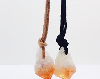 Raw Citrine Crystal Pendant Necklace, Genuine Leather Cord