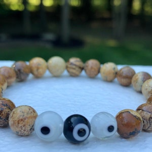 EVIL EYE BRACELET, Picture Jasper and Evil eye bracelet, women’s bracelet, womens heal crystal jewelry, women’s gifts, gemstone bracelet