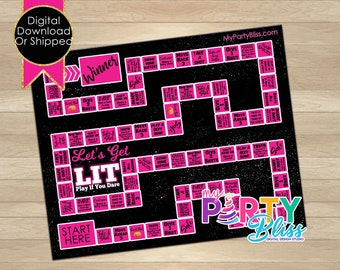 May include: A black party game board with pink text and accents. The game is titled "Let's Get LIT" and includes instructions to "Play If You Dare." The board features spaces for dares, shots, and other party activities.