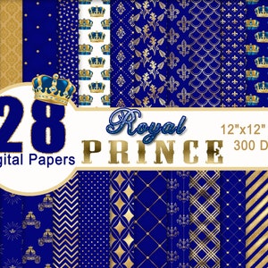 Blauw en goud digitaal papier | Prince Digital Paper | Royal Digital Paper | Achtergrond | Partij gunsten | Plakboek | Planner | Babyshower