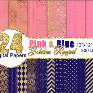 Roze en gouden digitale papier | Blauw en goud digitaal papier | Royal Digital Paper | Achtergrond | Partij gunsten | Plakboek | Planner | Baby