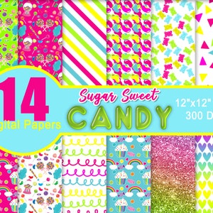 Candy Digital Paper,  Gummy Bears, Rainbow, Cupcake, Lolli Pops, Gum, Printable, Digital Paper, Background, Party Favors, Scrapbook, Glitter