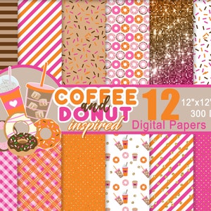 May include: Twelve digital papers featuring coffee and donut themed patterns. The patterns include pink and orange stripes, brown and white sprinkles, pink and white donuts, and gold glitter. The papers are 12 inches by 12 inches and 300 DPI.