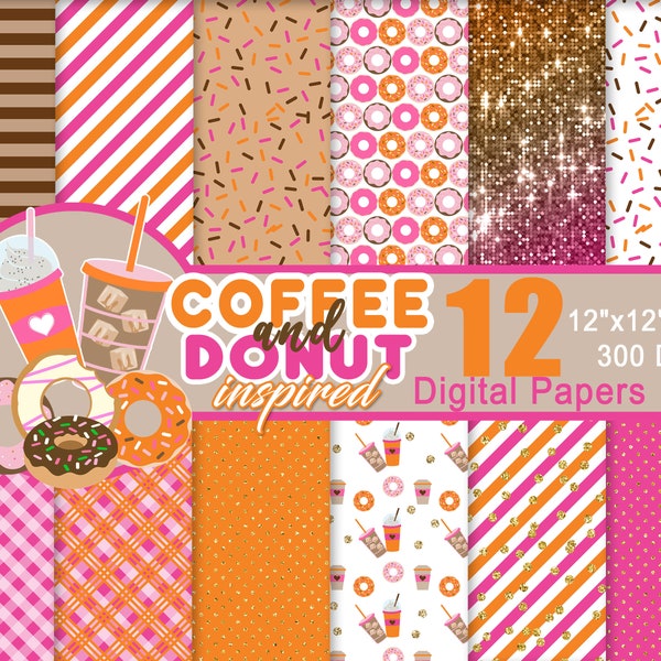 Coffee and Donuts Digital Paper, Pink, Gold, Orange, Printable, Brown, Luxury, Donut Shop, Background, Party Favors, Scrapbook, Glitter