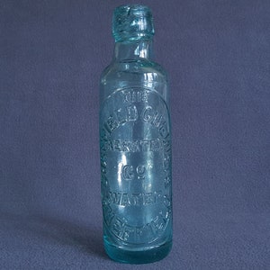 May include: A vintage, clear glass bottle with a blue tint. The bottle has a label that reads "The Old Champion Aerated Water Co."