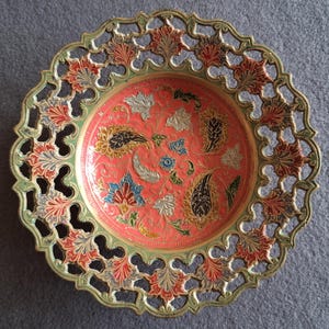 Vintage Indian Enamelled Pedestal Brass Dish with Floral Design and Open Work Detail