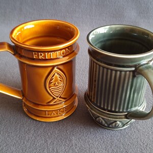 May include: Two ceramic beer steins. One is brown with the text "FRITTON LAKE" and a fish and tree emblem. The other is green with vertical ridges. Both have handles and are on a gray surface.