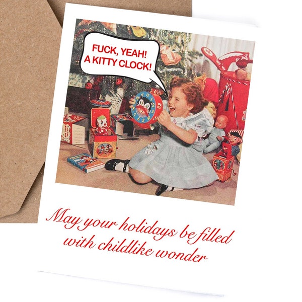Christmas Card | Funny | Irreverent | “Fuck yeah! A kitty clock! May your holidays be filled with childlike wonder"