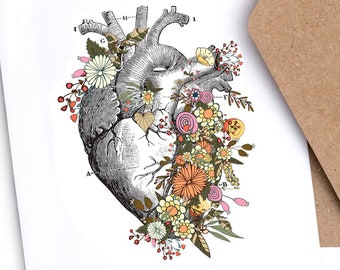 May include: A vintage anatomical heart illustration with a floral arrangement of pink, yellow, and orange flowers.